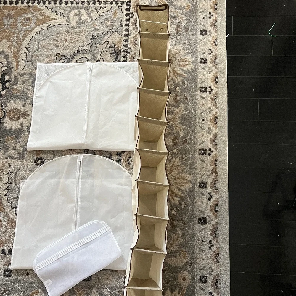 Lot of 2 Garment Bags, a 10 Shelf Hanging Shoe Storage, & 1 Lingerie Bag